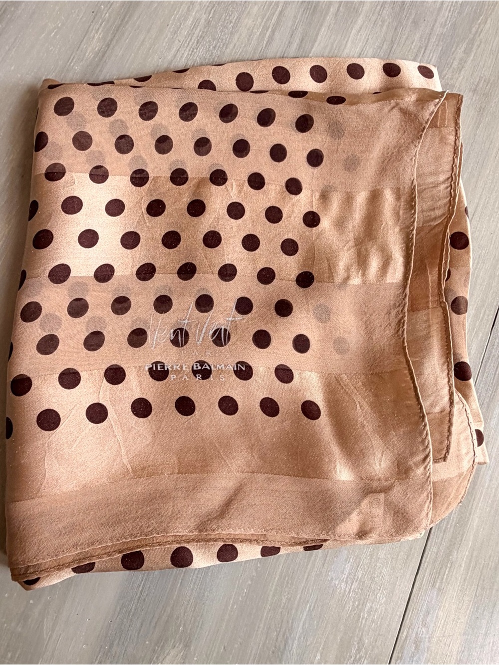 Balmain Paris Beige 100% Silk Polka Dot Scarf with Brown Dots